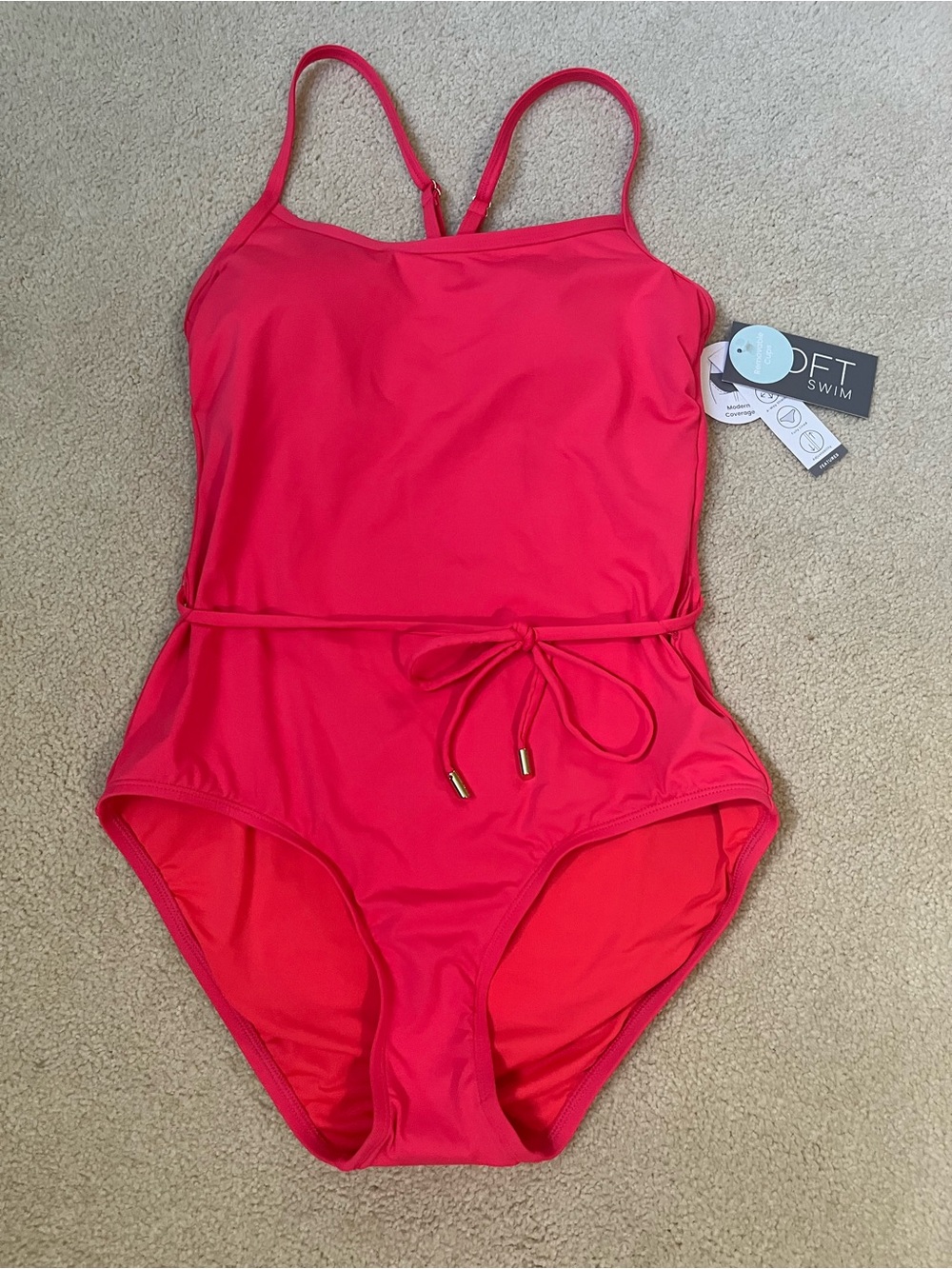 LOFT Bright Coral One-Piece Swimsuit with Waist Tie